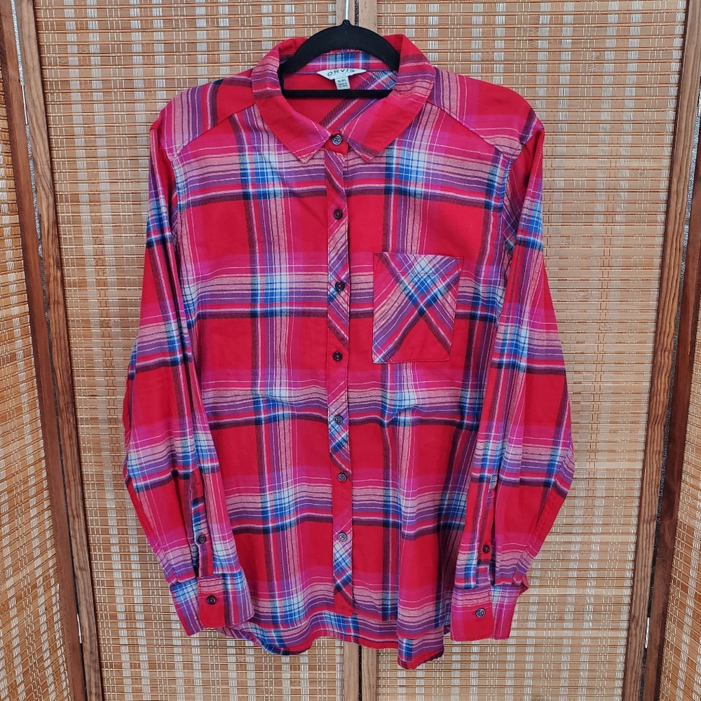 ♧ Orvis Red and Blue Plaid Long Sleeve Button Up Shirt Size XL